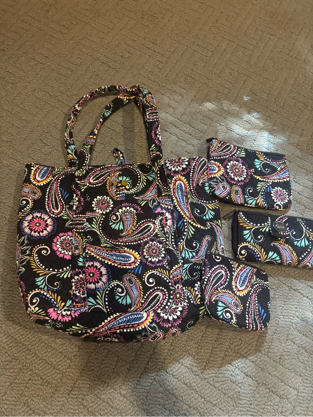 Black Paisley Quilted Tote Bag with Matching wallet & 2 makeup bags